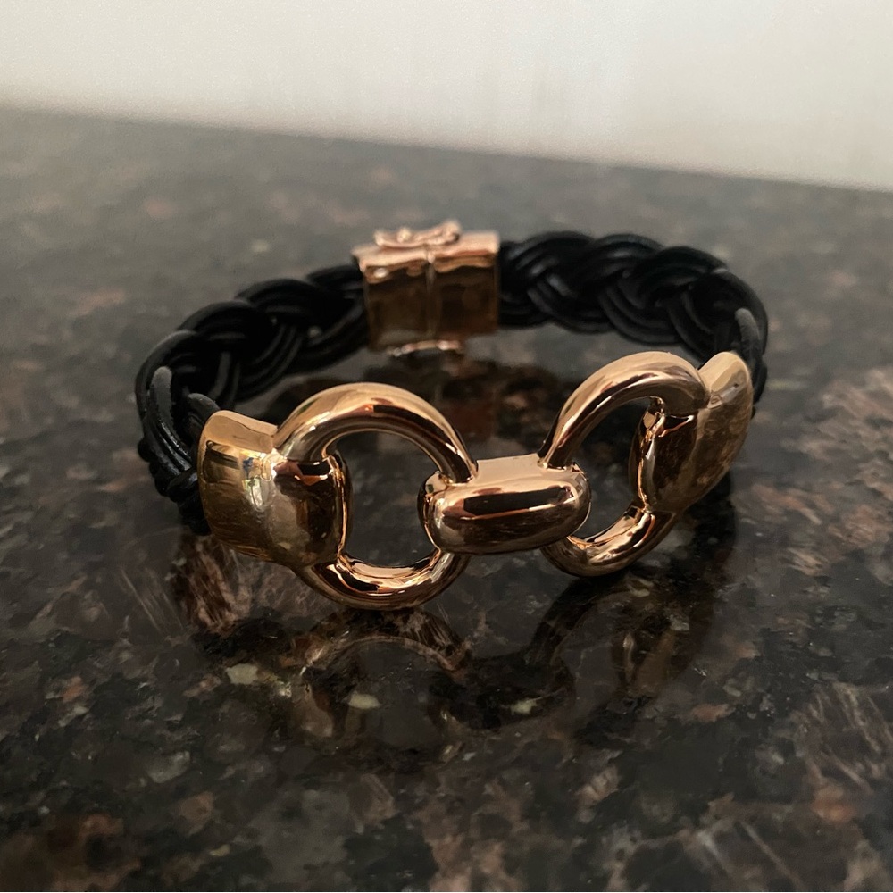 Bronzo Italia QVC Gold Horsebit & Black  Leather Bracelet SZ M